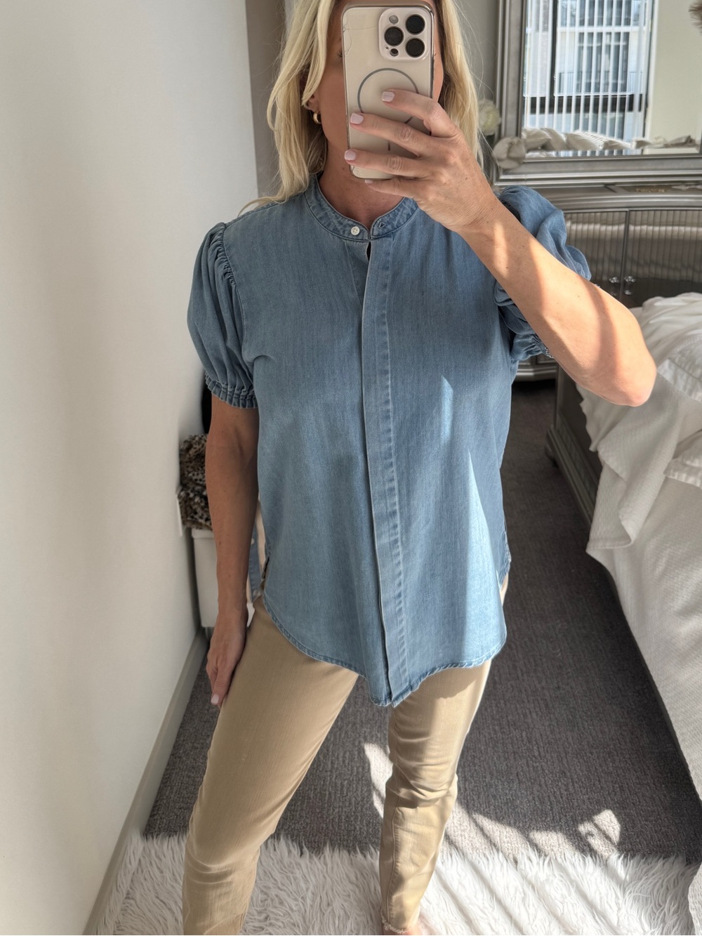 Frame Denim Blue Chambray Puff-Sleeve Blouse Medium